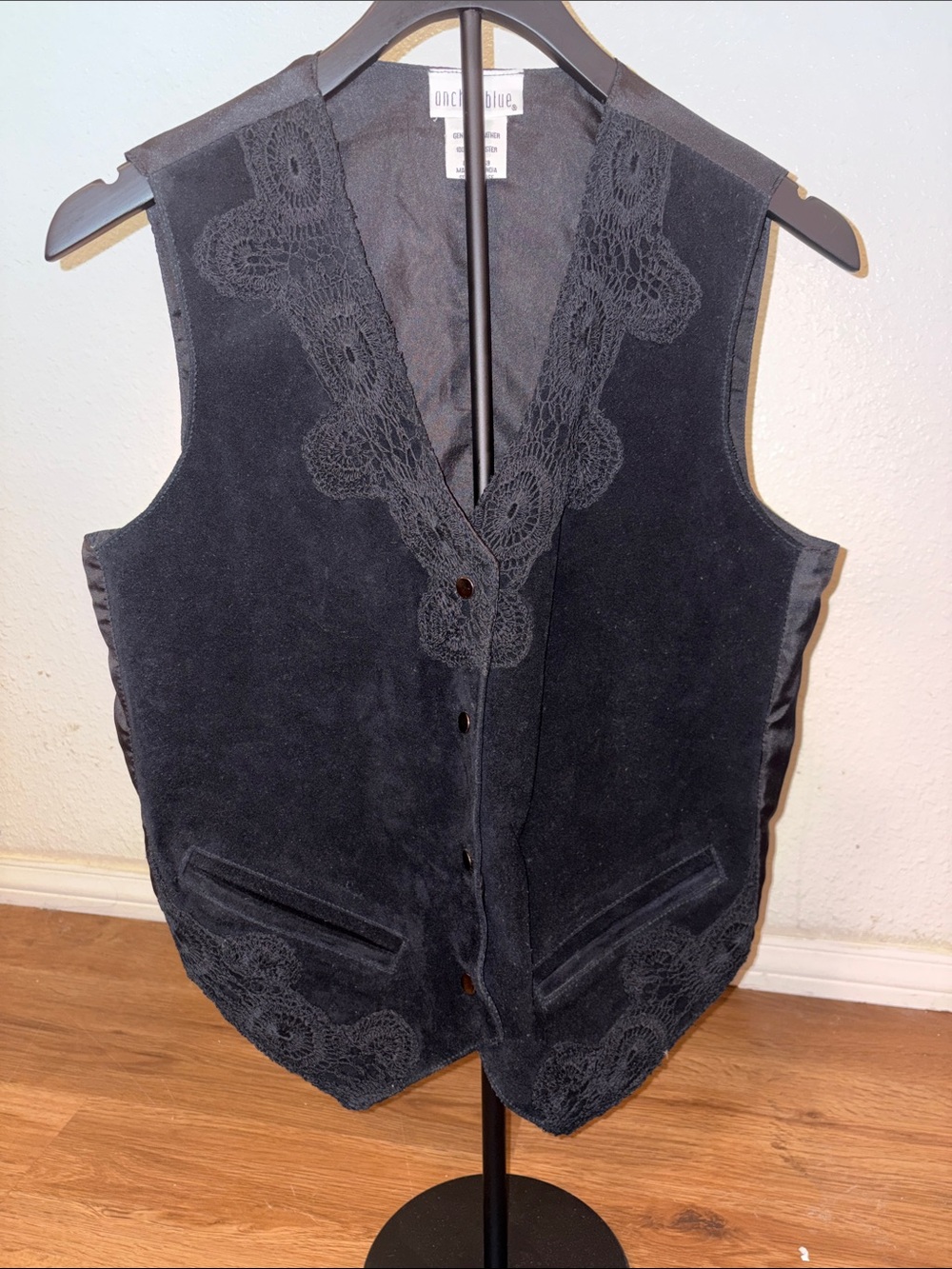 anchor blue Black Suede Vest with Lace Trim